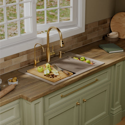 33" Top Mount Double Bowl Quartz Kitchen Sink Kit In Concrete
