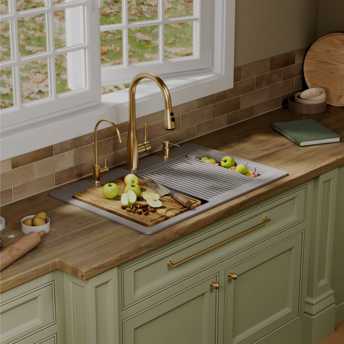 33" Top Mount Double Bowl Quartz Kitchen Sink Kit In Grey