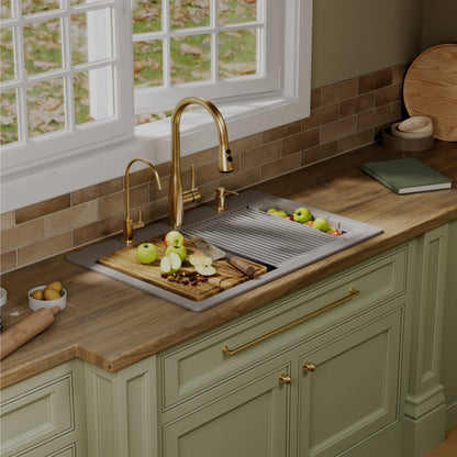 33" Top Mount Double Bowl Quartz Kitchen Sink Kit In Grey