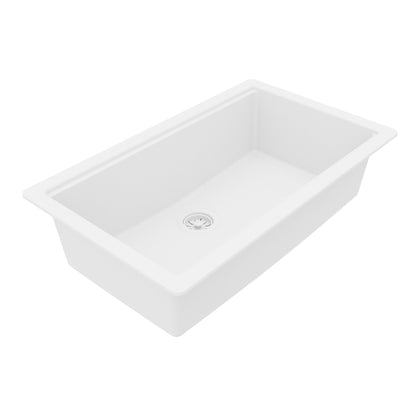 32" Undermount Single Bowl Quartz Kitchen Sink Kit In White