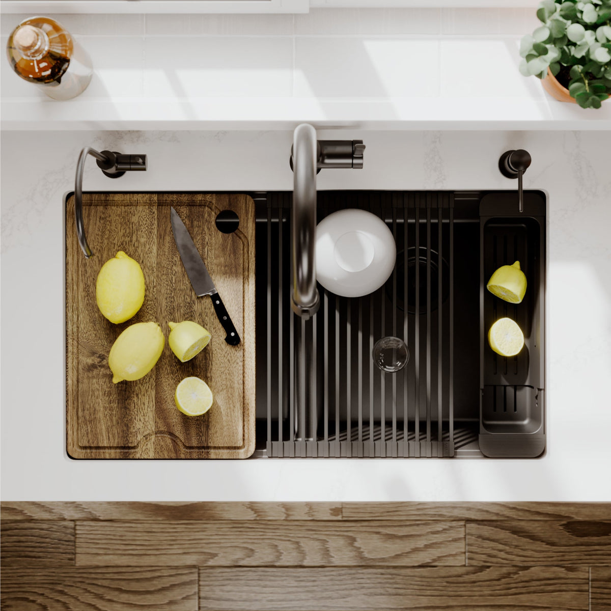 32" Undermount Double Bowl Quartz Kitchen Sink Kit In Black