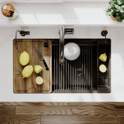 32" Undermount Double Bowl Quartz Kitchen Sink Kit In Black