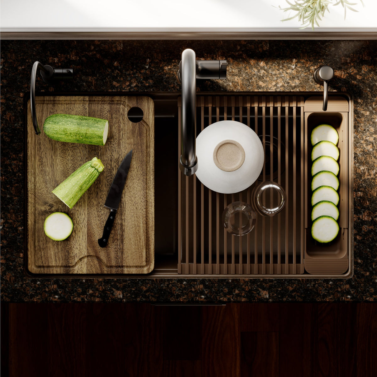 32" Undermount Double Bowl Quartz Kitchen Sink Kit In Brown