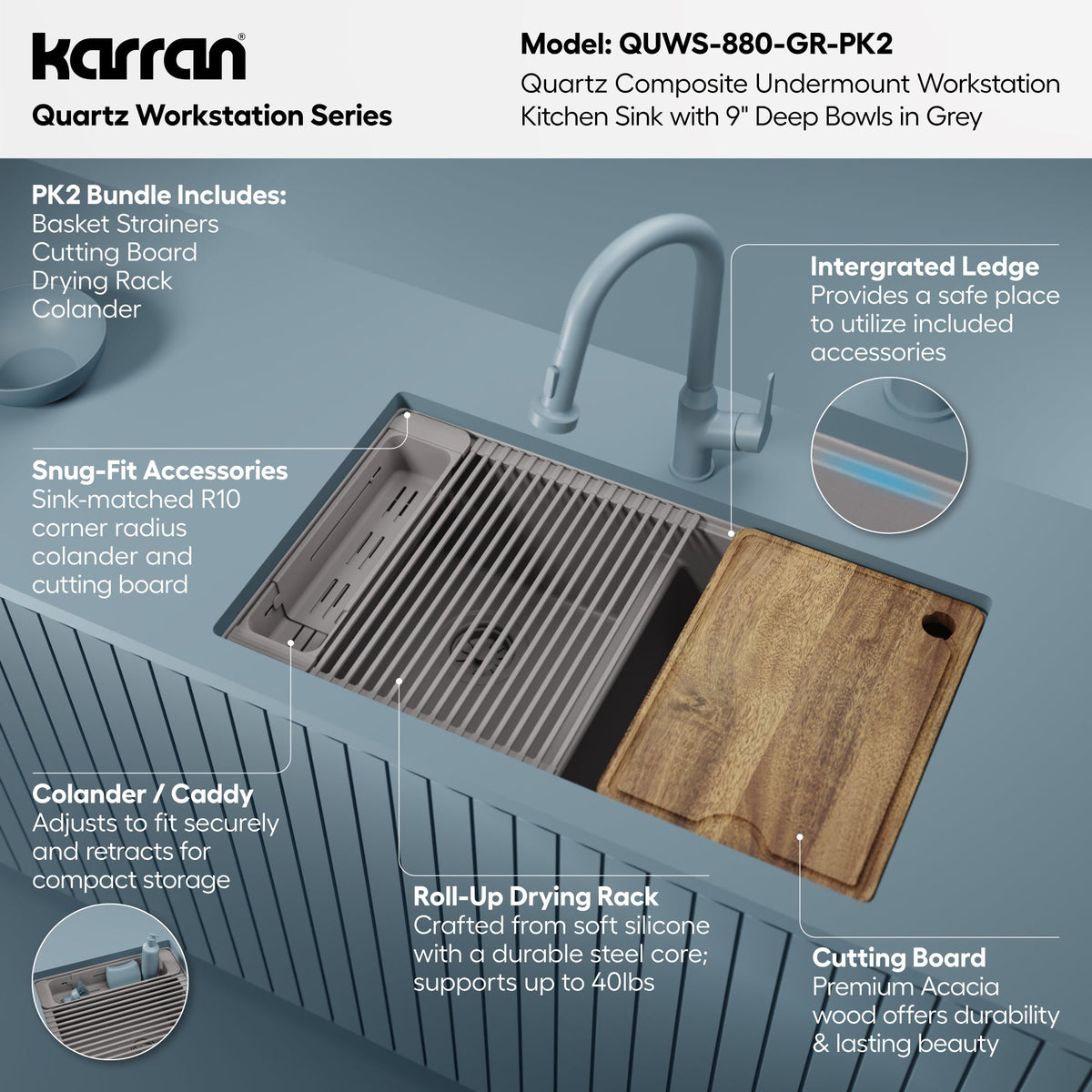 32" Undermount Double Bowl Quartz Kitchen Sink Kit In Grey