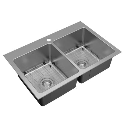 Lansen 33" Top Mount 18 Gauge Double Bowl Stainless Steel Sink with Accessories