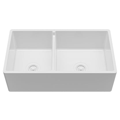 Fireclay 33" Reversible Apron Front Double Bowl Kitchen Sink In White