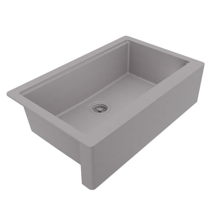 34" Deep Apron Front Single Bowl Quartz Kitchen Sink Kit In Grey