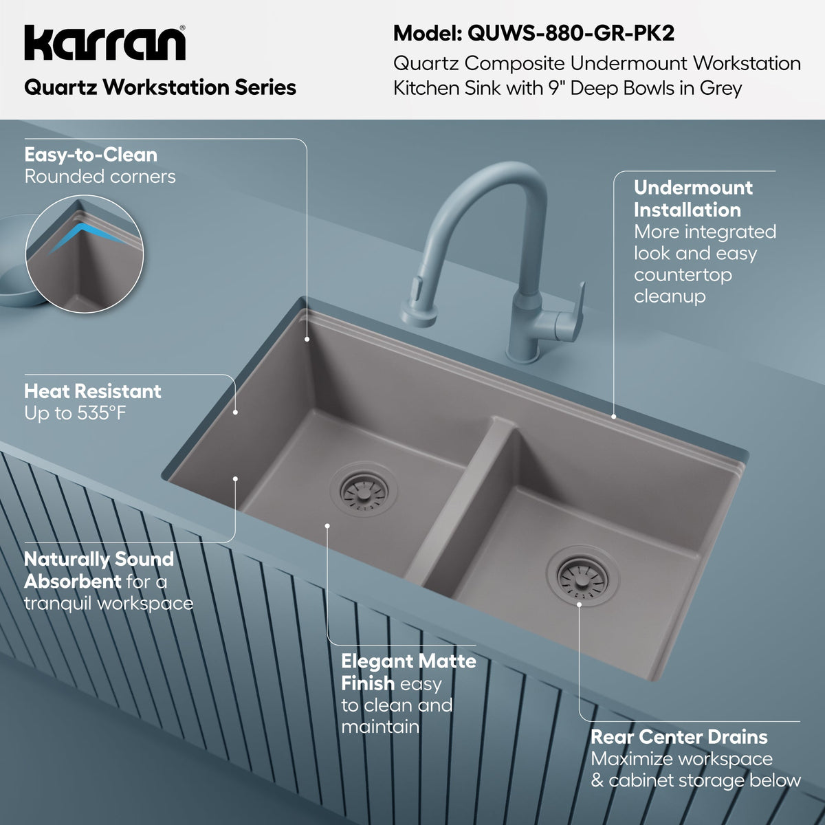 32" Undermount Double Bowl Quartz Kitchen Sink Kit In Grey