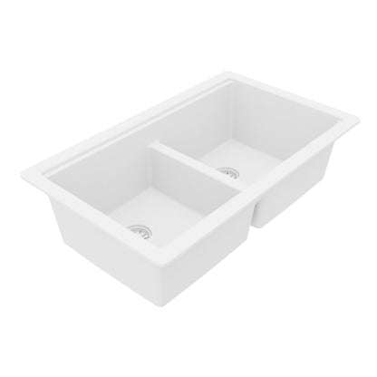 32" Undermount Double Bowl Quartz Kitchen Sink Kit In White