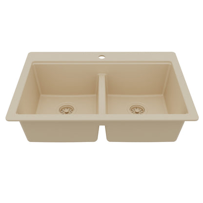 33" Top Mount Double Bowl Quartz Kitchen Sink Kit In Bisque