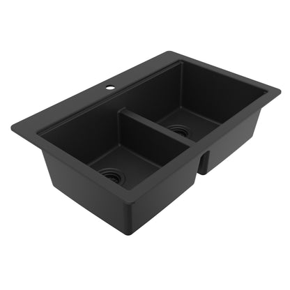 33" Top Mount Double Bowl Quartz Kitchen Sink Kit In Black