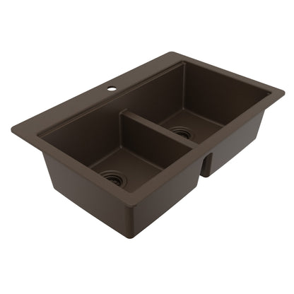33" Top Mount Double Bowl Quartz Kitchen Sink Kit In Brown