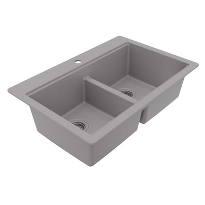 33" Top Mount Double Bowl Quartz Kitchen Sink Kit In Grey