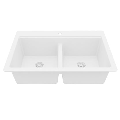 33" Top Mount Double Bowl Quartz Kitchen Sink Kit In White