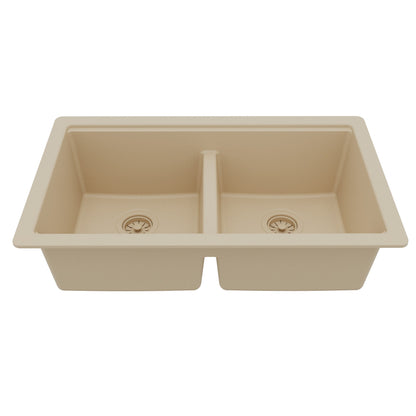 32" Undermount Double Bowl Quartz Kitchen Sink Kit In Bisque