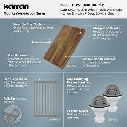 32" Undermount Double Bowl Quartz Kitchen Sink Kit In Grey