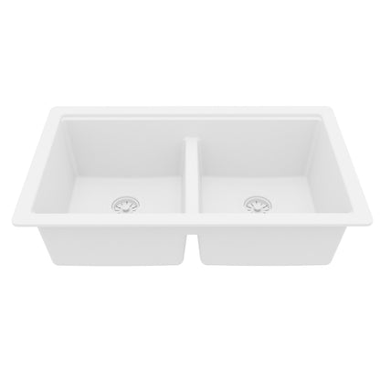 32" Undermount Double Bowl Quartz Kitchen Sink Kit In White