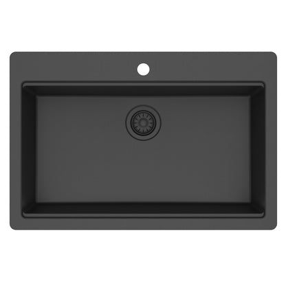 33" Top Mount Single Bowl Quartz Kitchen Sink Kit In Black