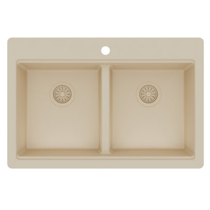 33" Top Mount Double Bowl Quartz Kitchen Sink Kit In Bisque