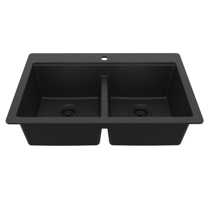 33" Top Mount Double Bowl Quartz Kitchen Sink Kit In Black