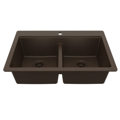 33" Top Mount Double Bowl Quartz Kitchen Sink Kit In Brown
