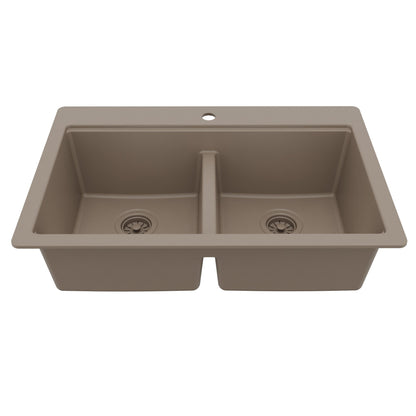 33" Top Mount Double Bowl Quartz Kitchen Sink Kit In Concrete