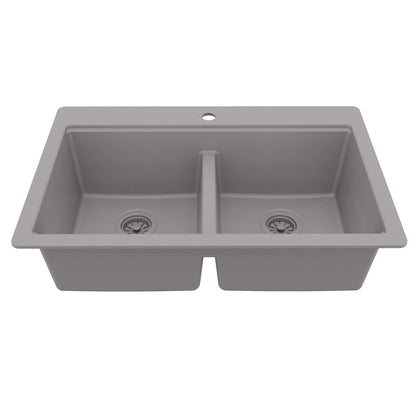 33" Top Mount Double Bowl Quartz Kitchen Sink Kit In Grey