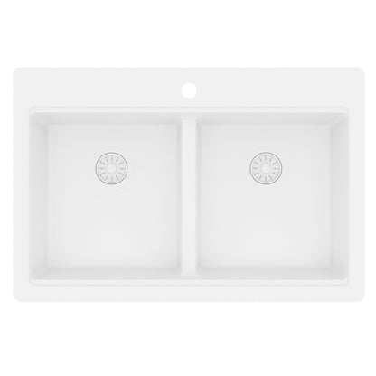 33" Top Mount Double Bowl Quartz Kitchen Sink Kit In White