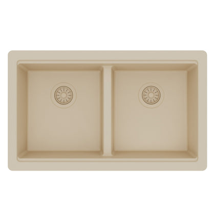 32" Undermount Double Bowl Quartz Kitchen Sink Kit In Bisque