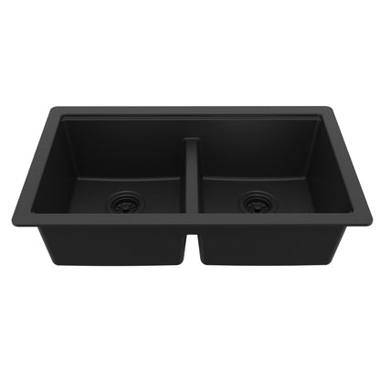 32" Undermount Double Bowl Quartz Kitchen Sink Kit In Black