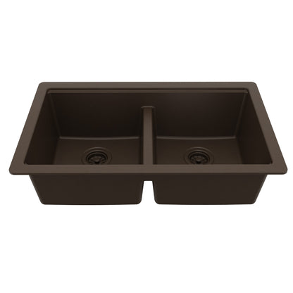 32" Undermount Double Bowl Quartz Kitchen Sink Kit In Brown