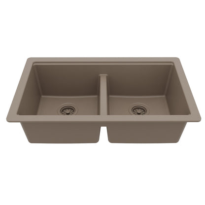 32" Undermount Double Bowl Quartz Kitchen Sink Kit In Concrete