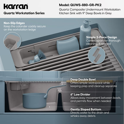 32" Undermount Double Bowl Quartz Kitchen Sink Kit In Grey