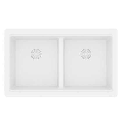 32" Undermount Double Bowl Quartz Kitchen Sink Kit In White