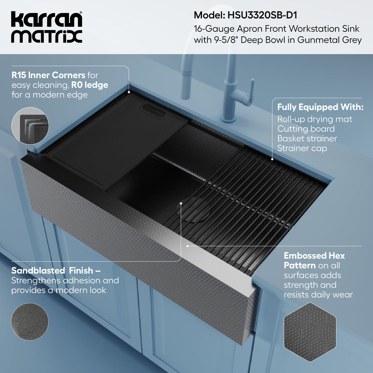 Matrix 33" Farmhouse Workstation 16 Gauge Single Bowl Gunmetal Grey Kitchen Sink with Accessories