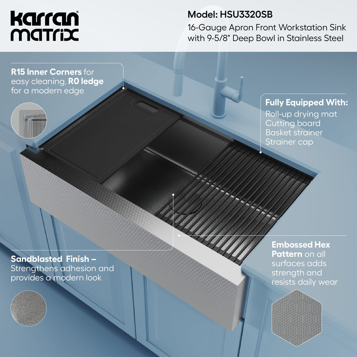 Matrix 33" Farmhouse Workstation 16 Gauge Single Bowl Stainless Steel Kitchen Sink with Accessories