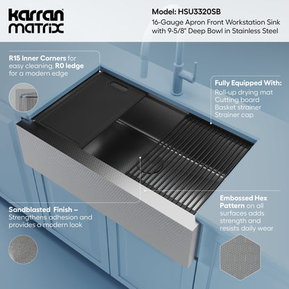 Matrix 33" Farmhouse Workstation 16 Gauge Single Bowl Stainless Steel Kitchen Sink with Accessories