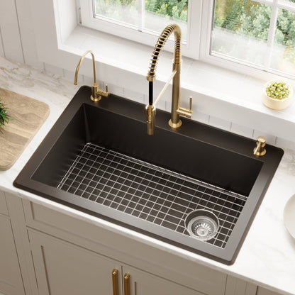 33" Top Mount Large Single Bowl Quartz Composite Kitchen Sink Kit In Black
