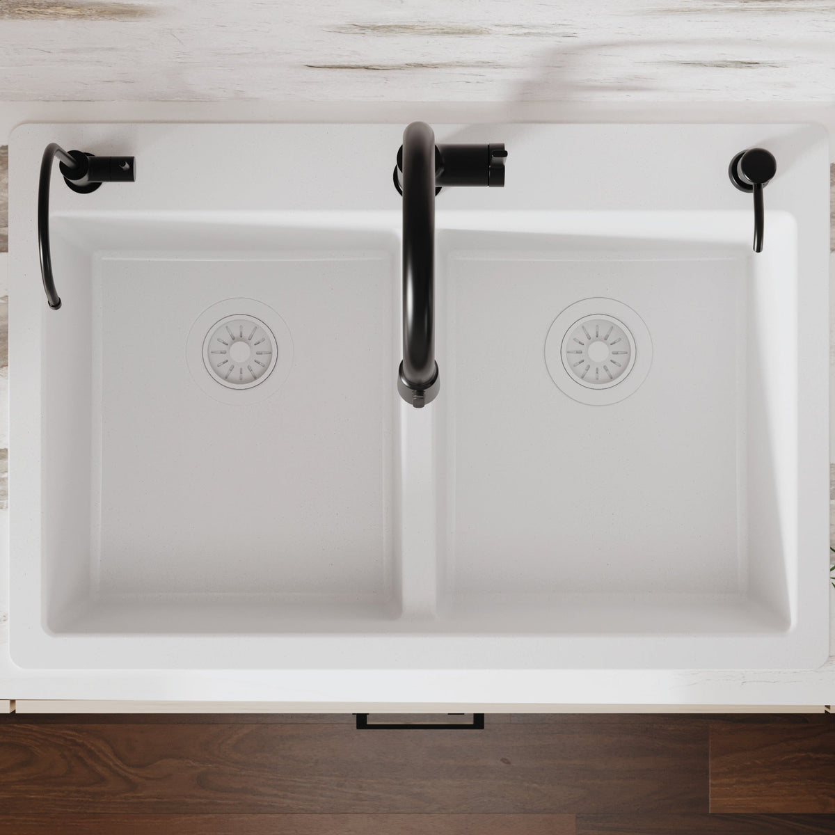 33" Top Mount Double Bowl Quartz Composite Kitchen Sink In White