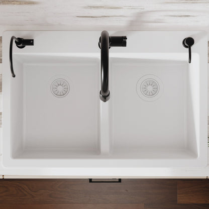 33" Top Mount Double Bowl Quartz Composite Kitchen Sink In White
