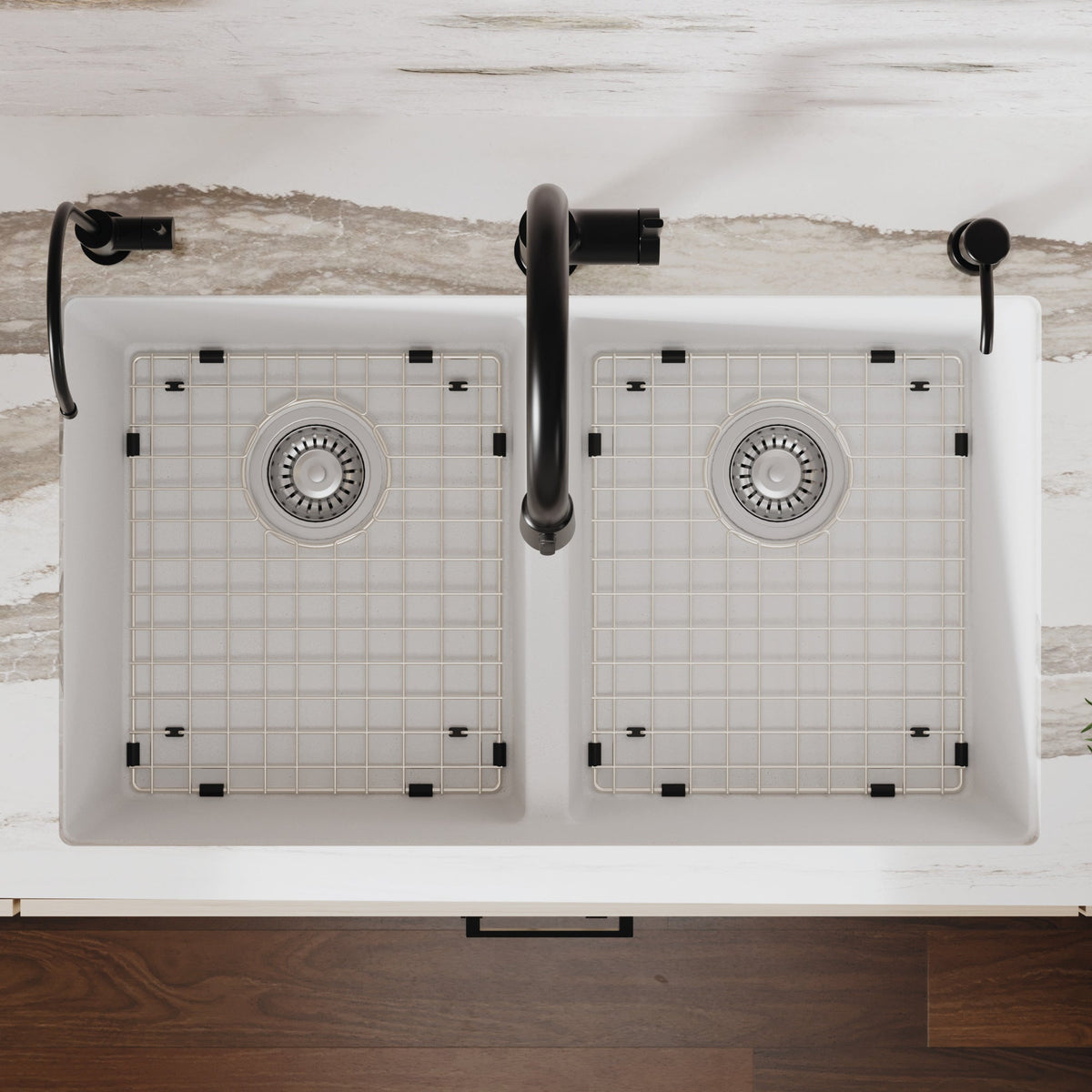 32-3/8" Undermount Double Equal Bowl Quartz Composite Kitchen Sink Kit In White