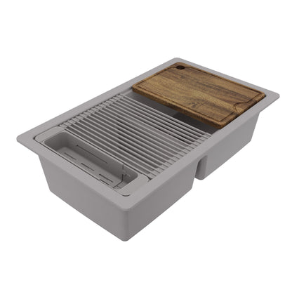 32" Undermount Double Bowl Quartz Kitchen Sink Kit In Grey