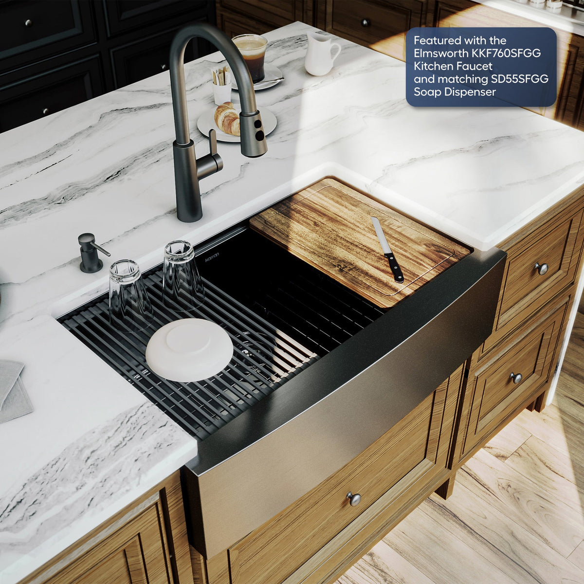 Elite 33" Apron Front Workstation 16 Gauge Single Bowl Stainless Steel Kitchen Sink In Gunmetal Black
