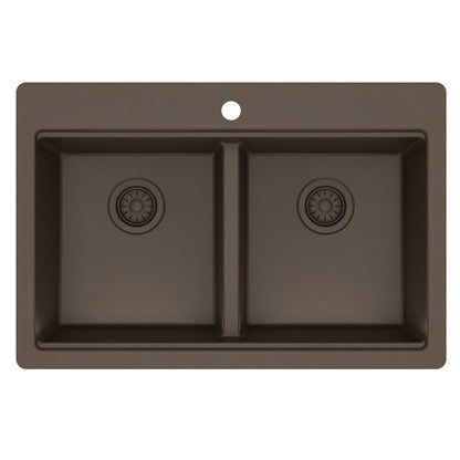33" Top Mount Double Bowl Quartz Kitchen Sink Kit In Brown