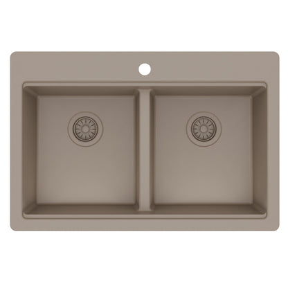 33" Top Mount Double Bowl Quartz Kitchen Sink Kit In Concrete