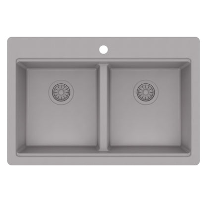 33" Top Mount Double Bowl Quartz Kitchen Sink Kit In Grey