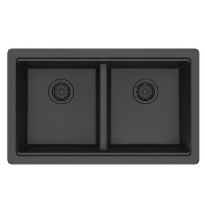 32" Undermount Double Bowl Quartz Kitchen Sink Kit In Black