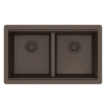 32" Undermount Double Bowl Quartz Kitchen Sink Kit In Brown