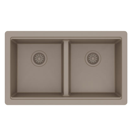 32" Undermount Double Bowl Quartz Kitchen Sink Kit In Concrete
