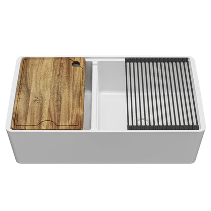 Fireclay 33" Reversible Apron Front Double Bowl Workstation Kitchen Sink In White